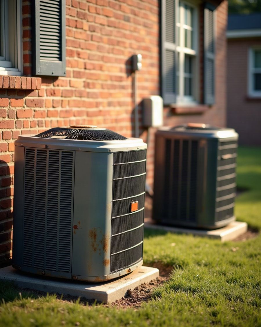 Two outdoor air-conditioning units of different ages beside a brick house