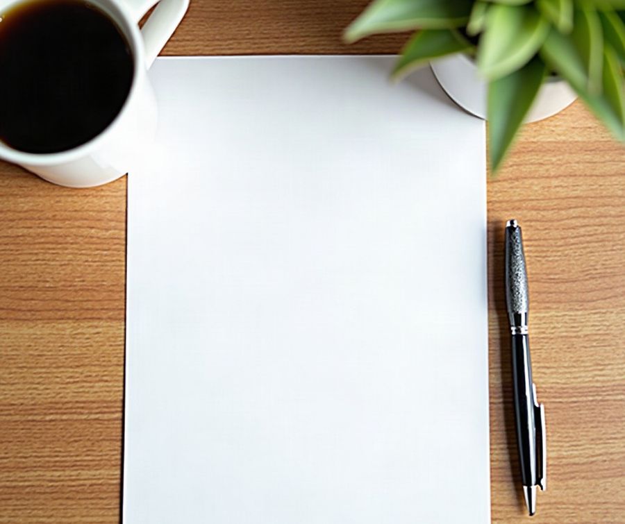 A blank sheet of paper and a pen on a kitchen table